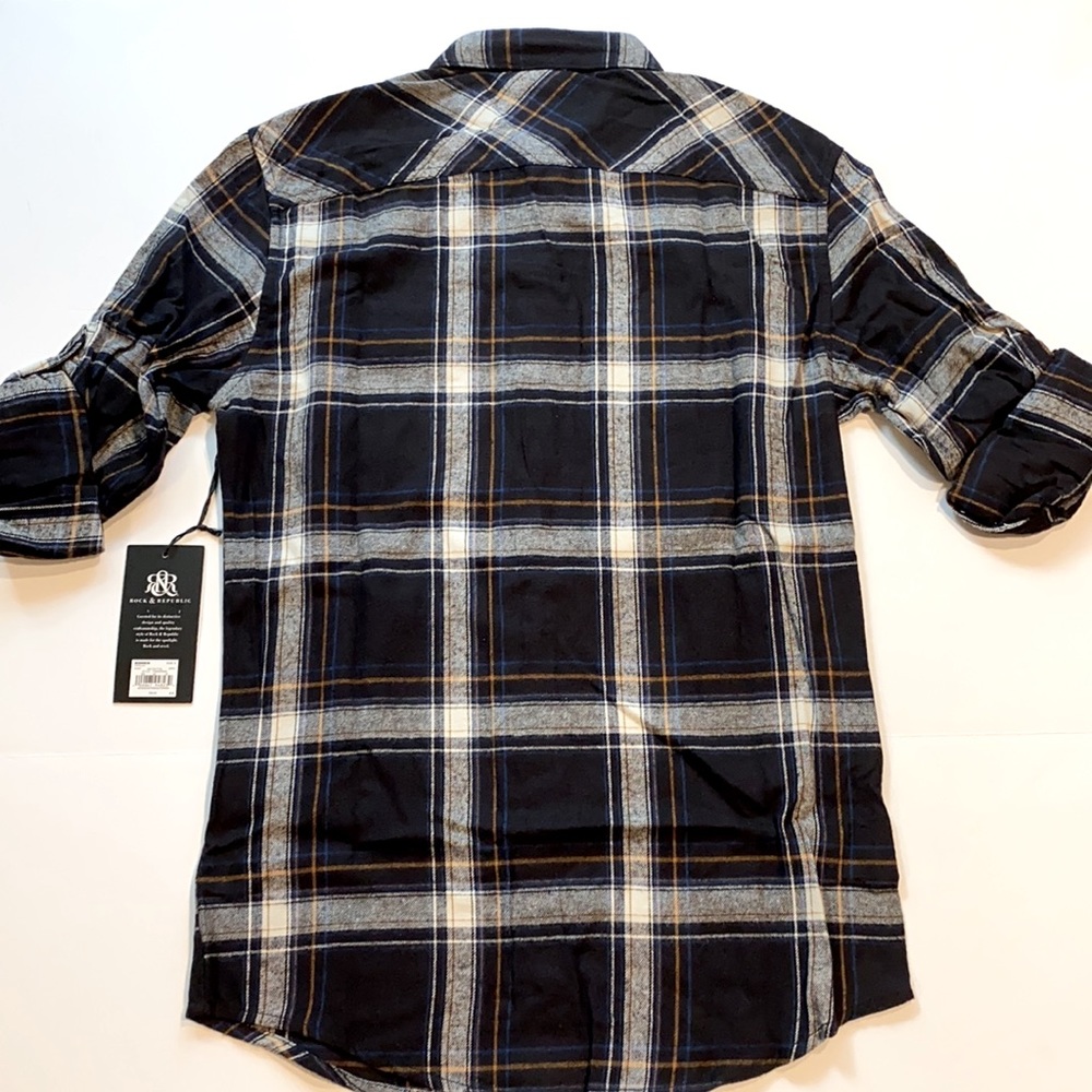 Rock & Republic Small Plaid Flannel Shirt Roll Cuff New D5 - Picture 2 of 10